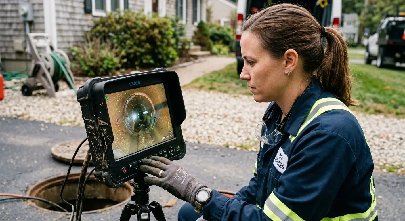 Technician reviewing sewer camera inspection footage in Lake City