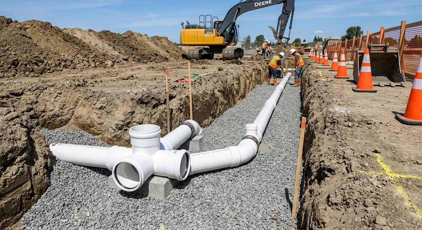 New PVC sewer pipe installation in open trench for Commercial Drain Cleaning in Lake City