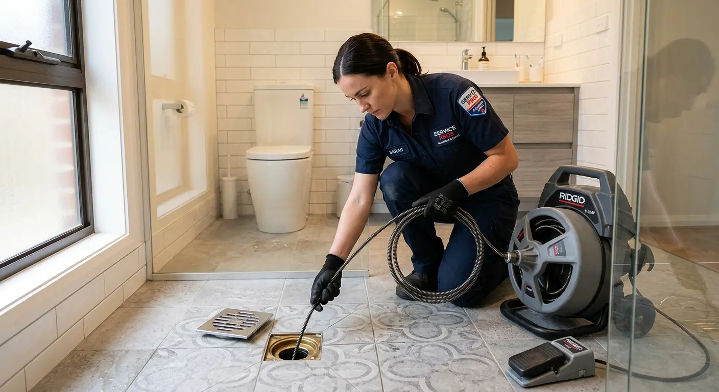 Technician clearing a bathroom floor drain for Clogged Drain Repair in Lake City
